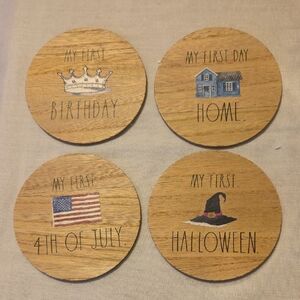 RAE DUNN Baby Firsts Wooden Holiday Coaster Set